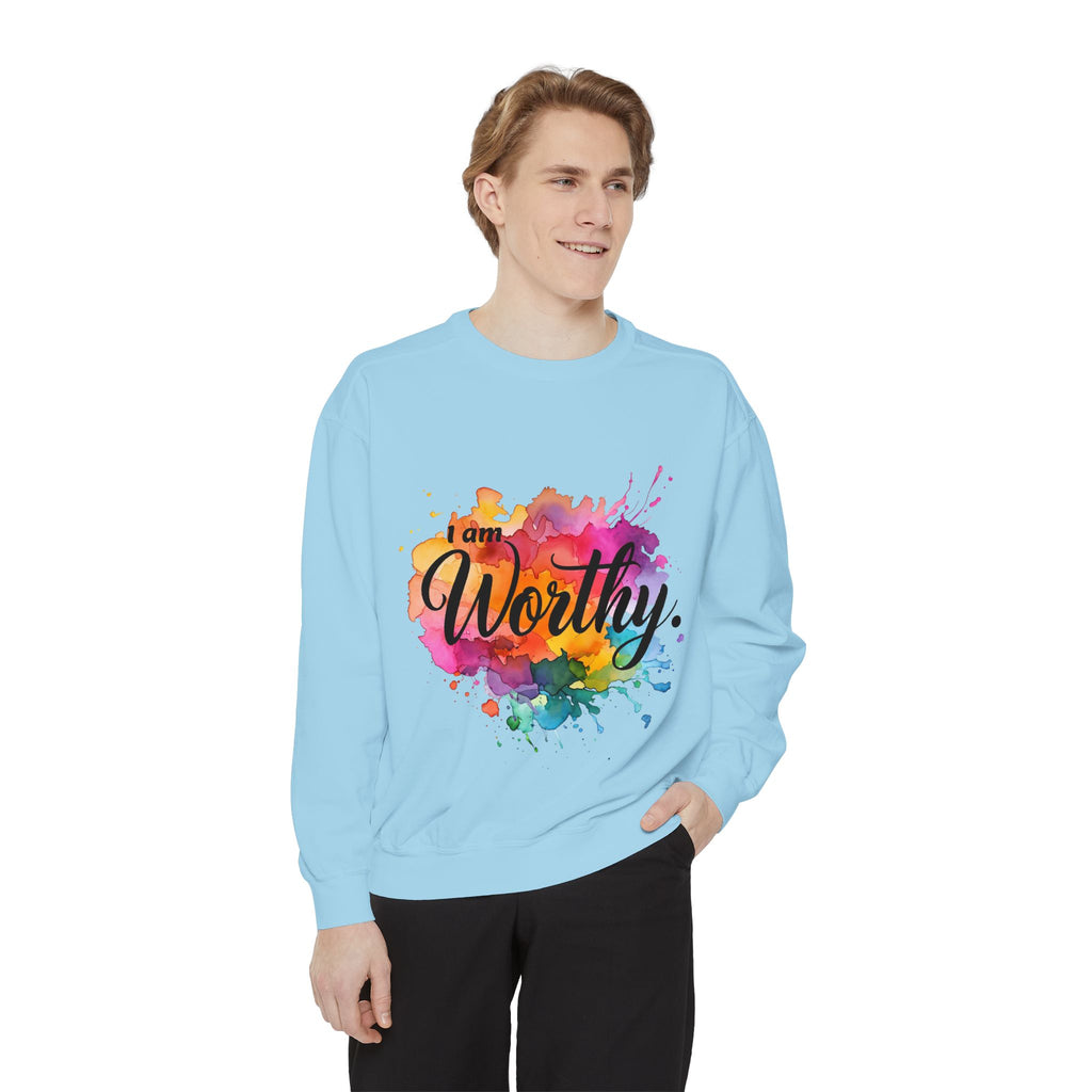 Colorful 'I am Worthy' Unisex Garment-Dyed Sweatshirt, Inspirational Gift, Cozy Apparel, Motivational Quote Sweatshirt, Self-Care, [...]