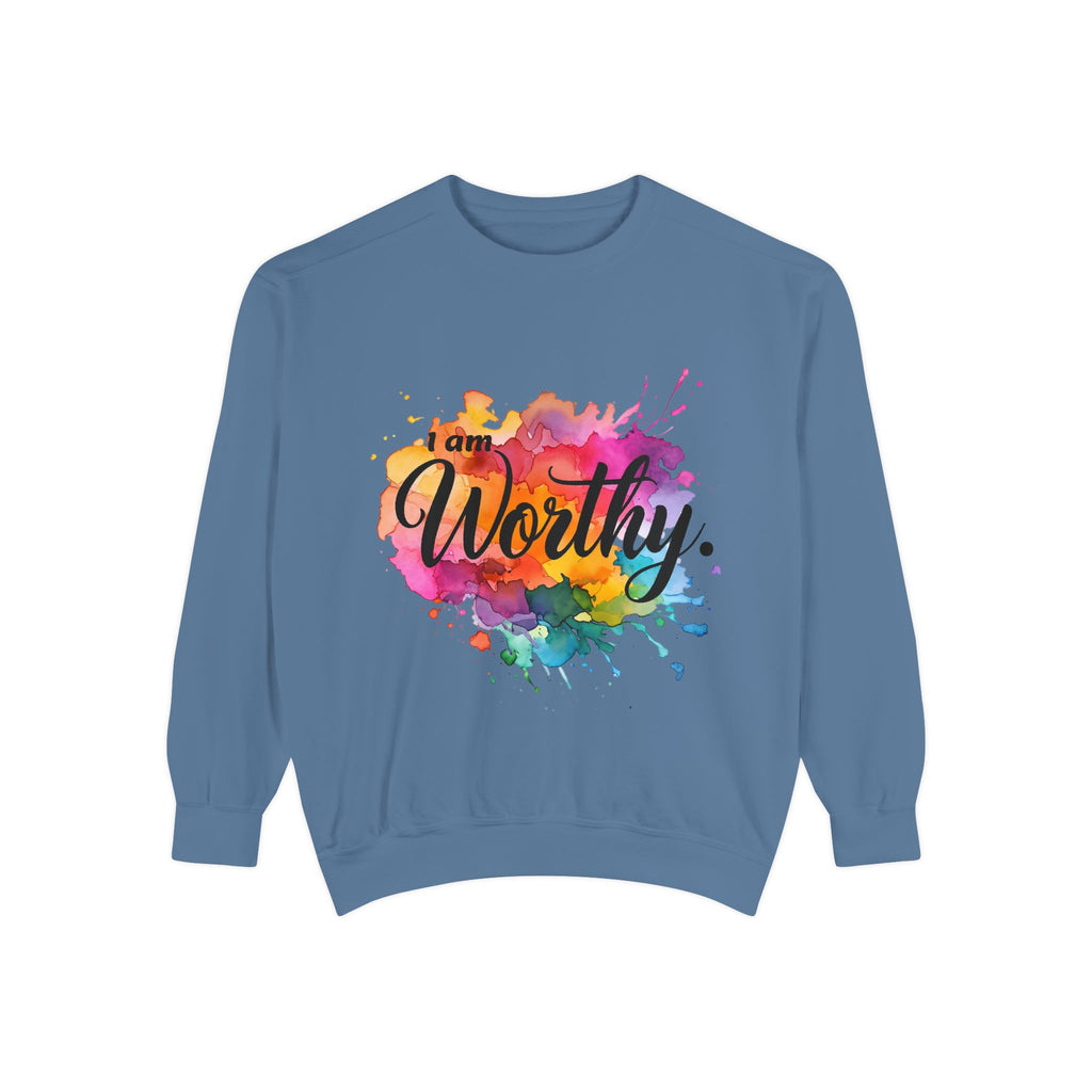 Colorful 'I am Worthy' Unisex Garment-Dyed Sweatshirt, Inspirational Gift, Cozy Apparel, Motivational Quote Sweatshirt, Self-Care, [...]