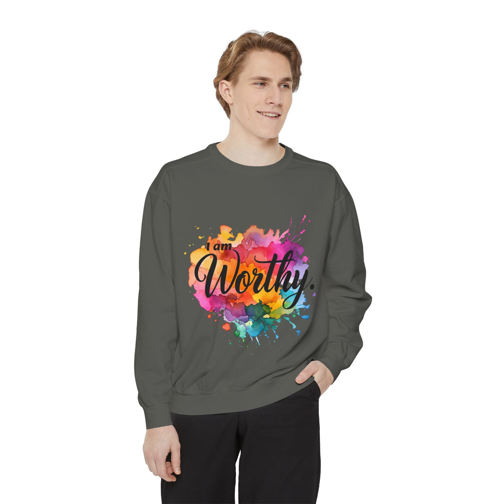 Colorful 'I am Worthy' Unisex Garment-Dyed Sweatshirt, Inspirational Gift, Cozy Apparel, Motivational Quote Sweatshirt, Self-Care, [...]