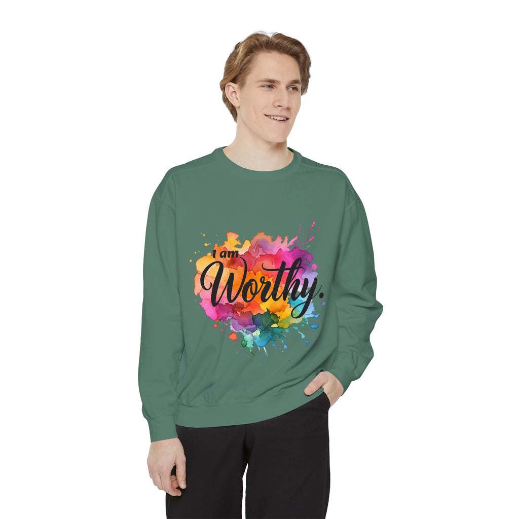 Colorful 'I am Worthy' Unisex Garment-Dyed Sweatshirt, Inspirational Gift, Cozy Apparel, Motivational Quote Sweatshirt, Self-Care, [...]