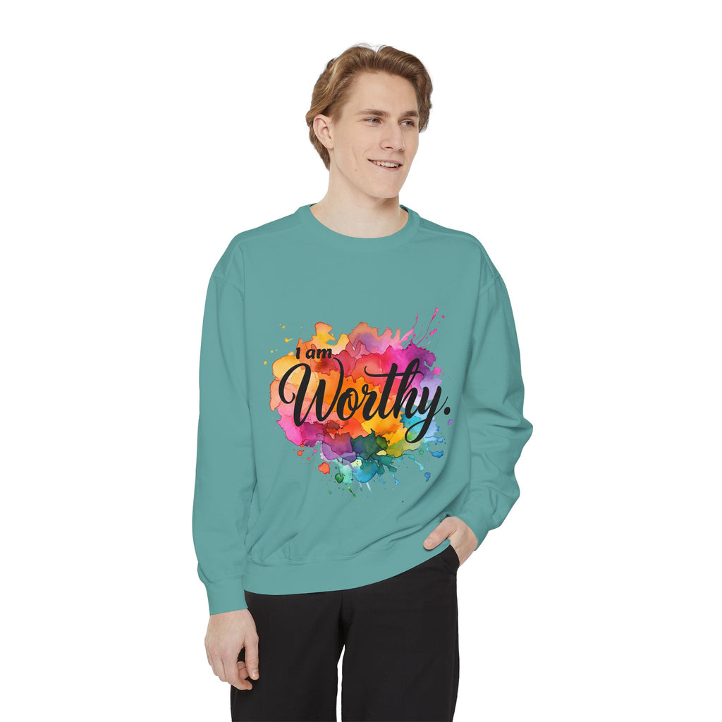 Colorful 'I am Worthy' Unisex Garment-Dyed Sweatshirt, Inspirational Gift, Cozy Apparel, Motivational Quote Sweatshirt, Self-Care, [...]